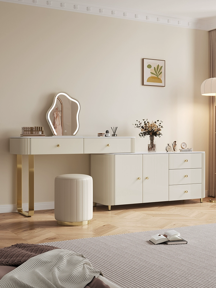 White Modern Retractable Makeup Vanity Desk With an Irregular Led Lighted Mirror, Storage Drawers, And a Matching Stool