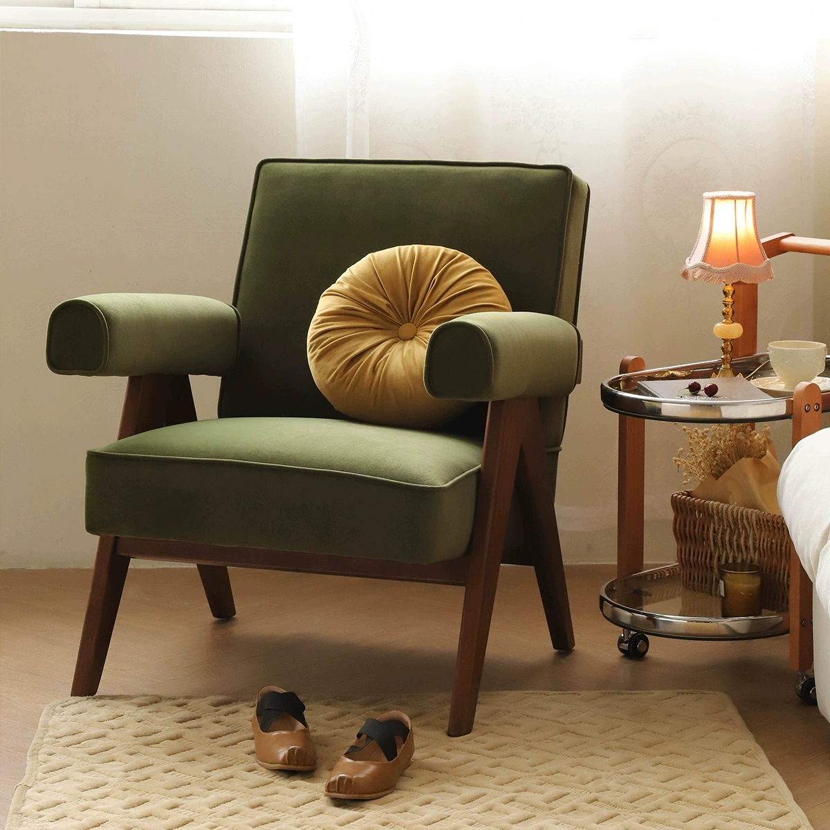 Upholstered Easy Armchair With Velvet Upholstery and Teak Wood Legs