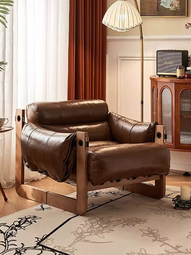 Vintage Nordic Modern Luxury Wooden Fabric Leather Leisure Chair