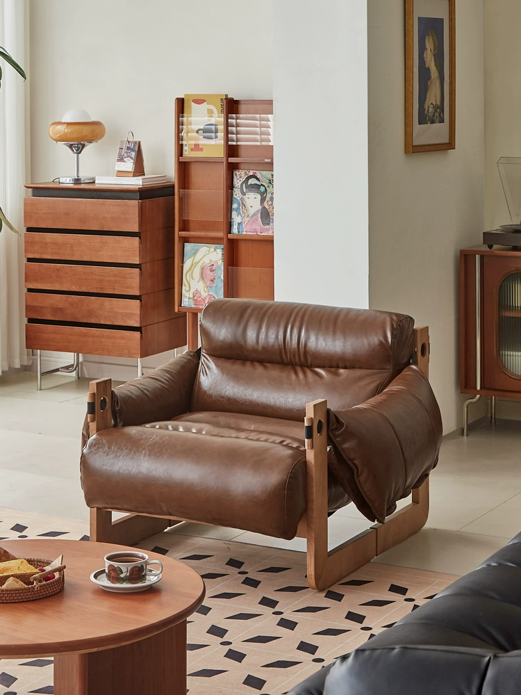 Vintage Nordic Modern Luxury Wooden Fabric Leather Leisure Chair