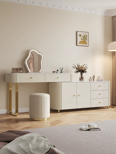 White Modern Retractable Makeup Vanity Desk With an Irregular Led Lighted Mirror, Storage Drawers, And a Matching Stool