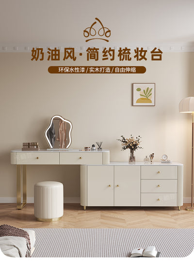 White Modern Retractable Makeup Vanity Desk With an Irregular Led Lighted Mirror, Storage Drawers, And a Matching Stool