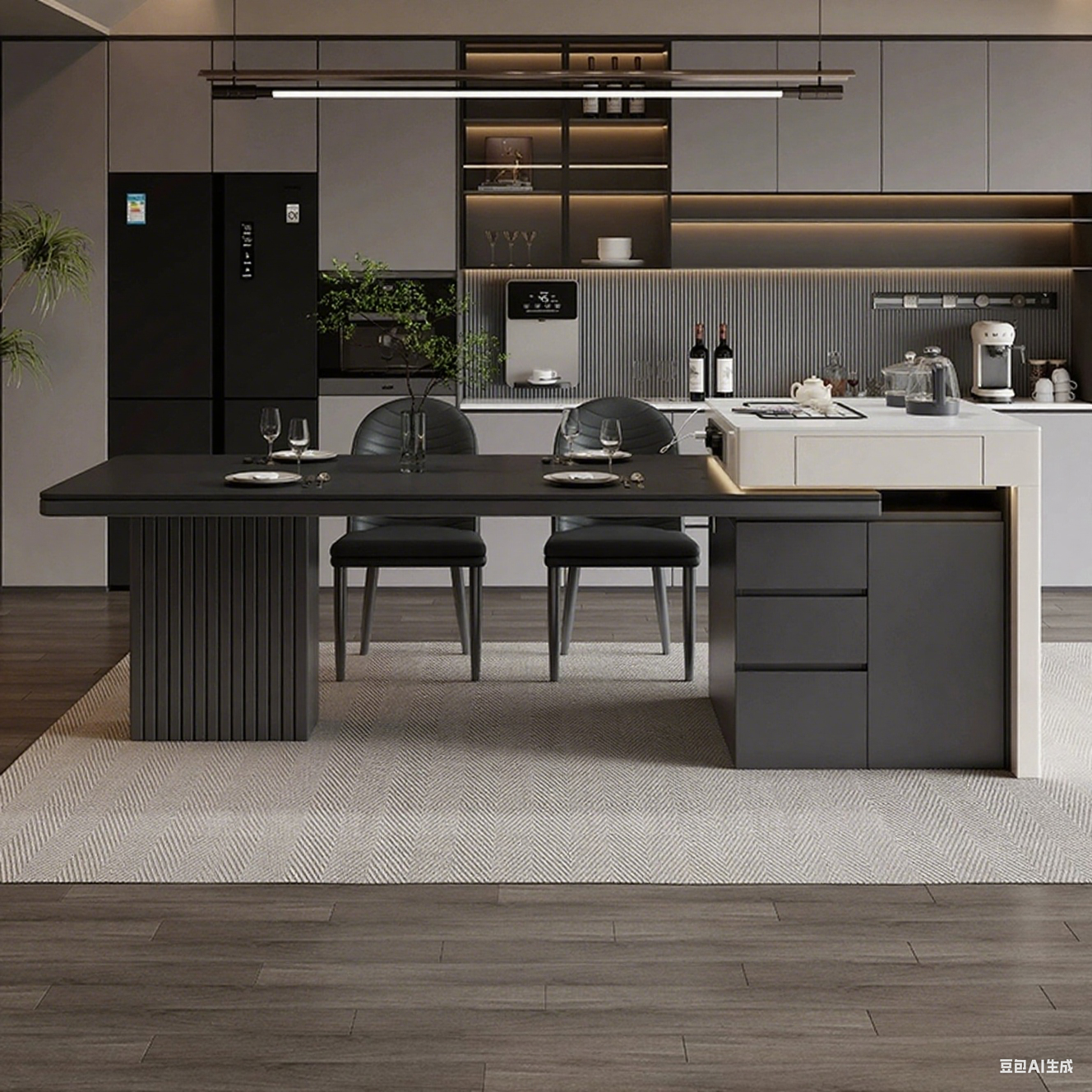 White-Matte Black Rock Slab Island Counter